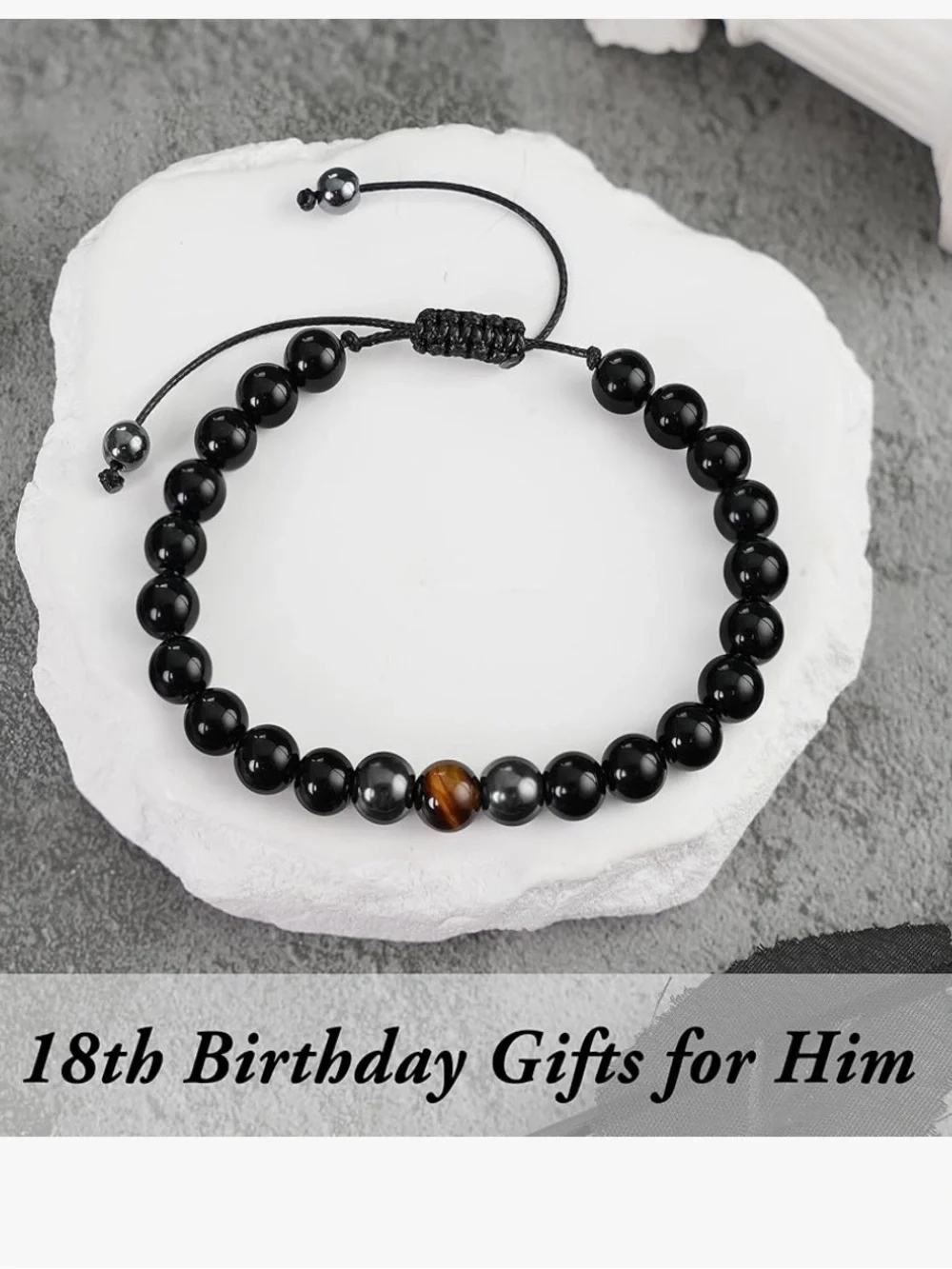 Men's Beaded Bracelet with Black, Gunmetal & Gold Accent